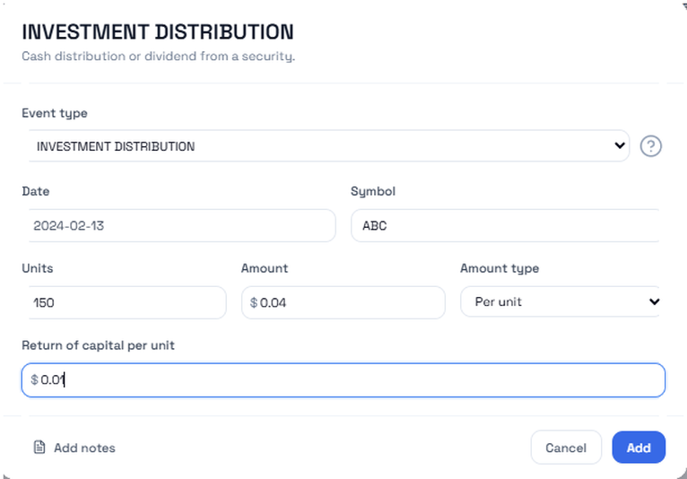 App screenshot showing Return of Capital edit updating balances